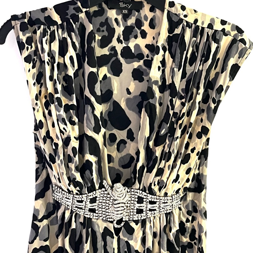 Sky Brand Animal Print Iconic Crystal Tiger  Belted Silk Dress